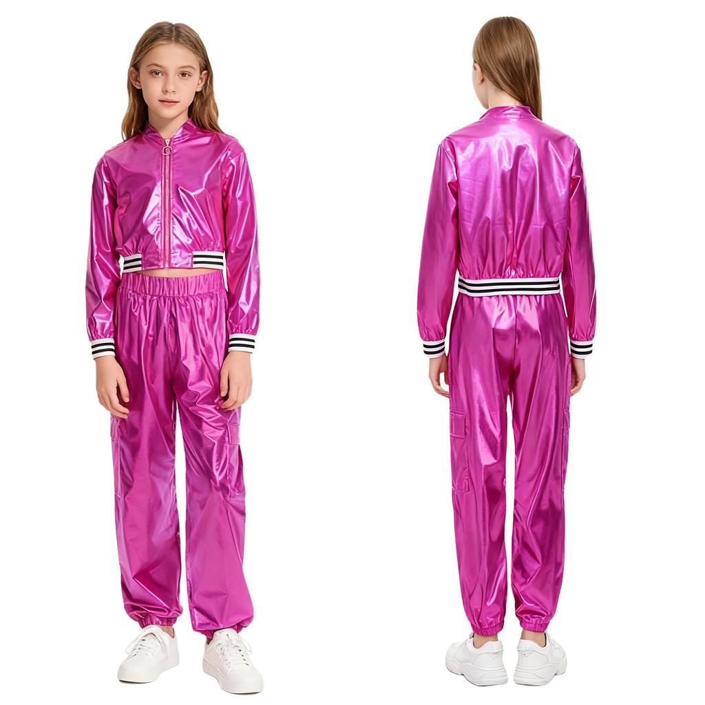 Kids Girls Hip-Hop Jazz Dance Costume Complete Set: Metallic Zipper Jacket & Pants, Stand Collar Long Sleeve Stage Outfit