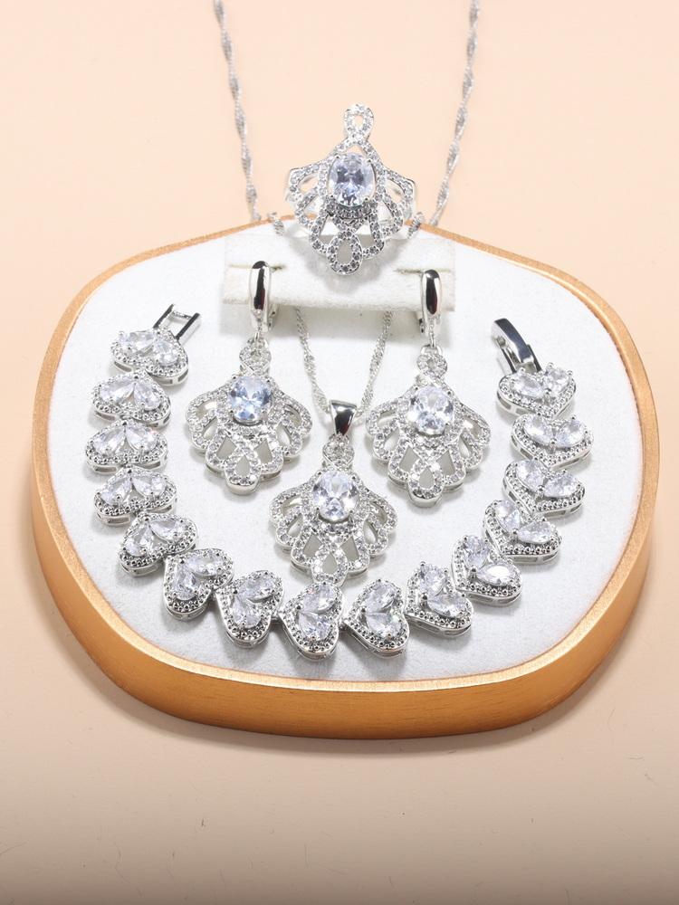 Elegante Damen Luxus Herz Armband Grün Große Schmucksets Accessoires Hochzeit Halskette Und Ohrringe Braut Verstellbarer Ring