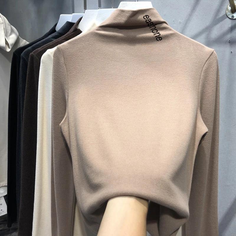 Harajuku Half Turtleneck Casual Slim Fleece Thick Bottoming T-shirt Autumn Winter Velvet Long Sleeve Solid T Shirt Women Top