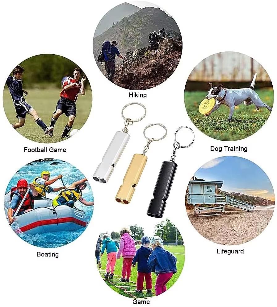 Breloczek z gwizdkiem alarmowym ze stopu aluminium, dwuotworowy, wysoki, czysty dźwięk, gwizdek na kemping, wędrówki, polowanie, sporty na świeżym powietrzu