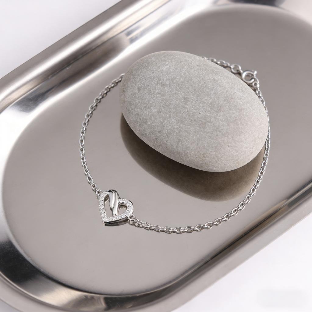 Women Fashion 925 Silver Platinum Plated Fine Chain Link Bracelet Personalised Sparkling Cubic Zirconia Heart Shape Exclusive