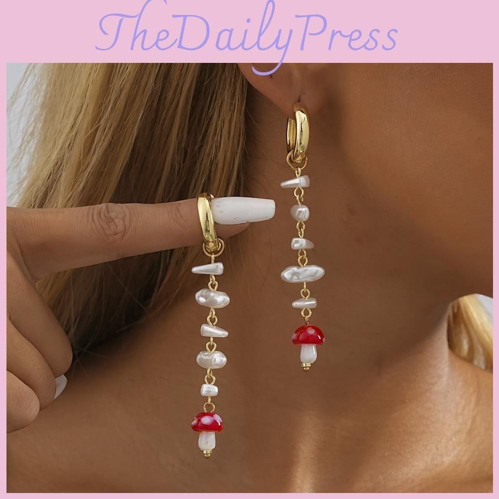 Plated Gold Stylish Geometric Faux Pearl Mushroom Earrings For Women Fall 2023
