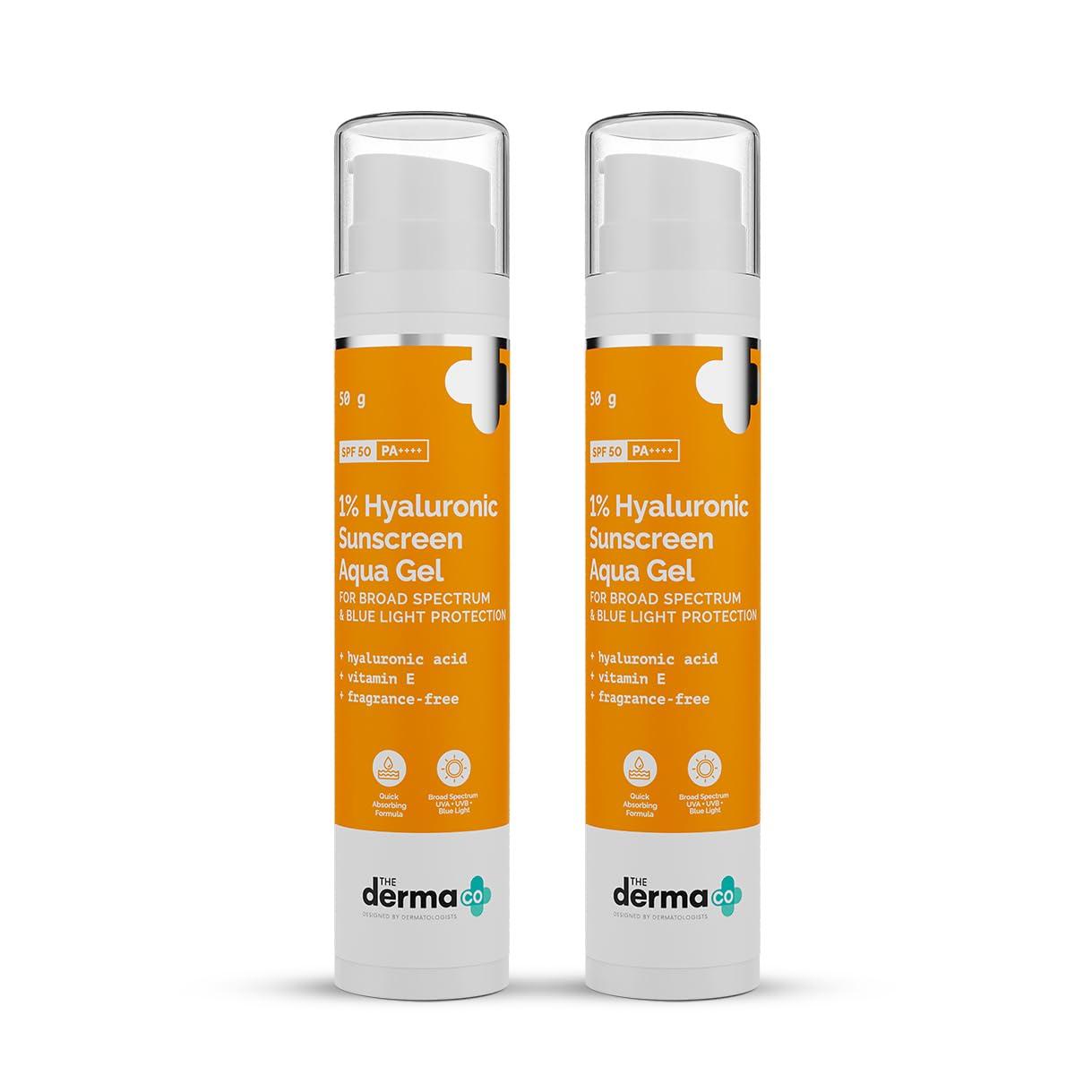 

The Derma Co 1% Hyaluronic Sunscreen Aqua Gel SPF 50 PA++++ Hydrating Lightweight Non-Greasy 50 g Pack of 2