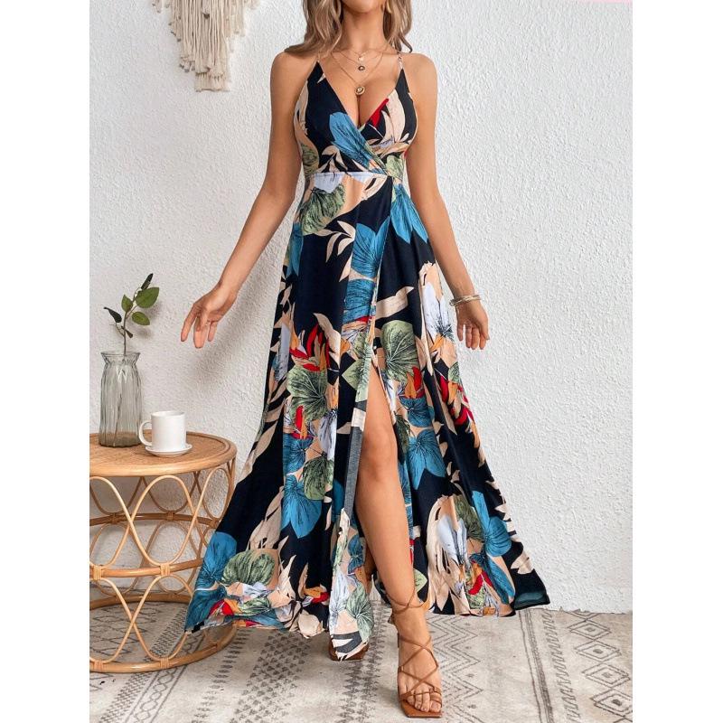 Tropical Print High Slit Strap Dress - European & American Style