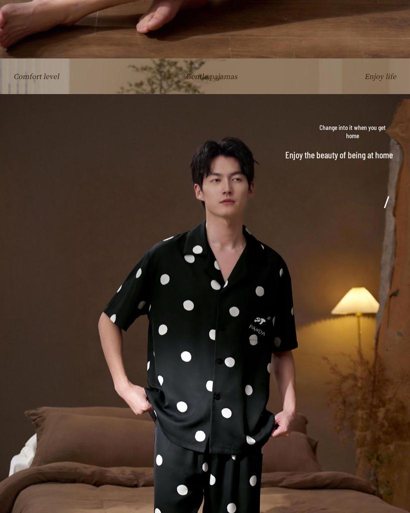 Men's Black Ice Silk Summer Pajama Set - Short-Sleeved Top with Shorts, Indoor/Outdoor Use, Luxurious Feel