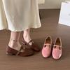 Pink Mary Jane fashion single shoes women's 2025 new retro round head one-word buckle strap thick heel loafer small leather shoes