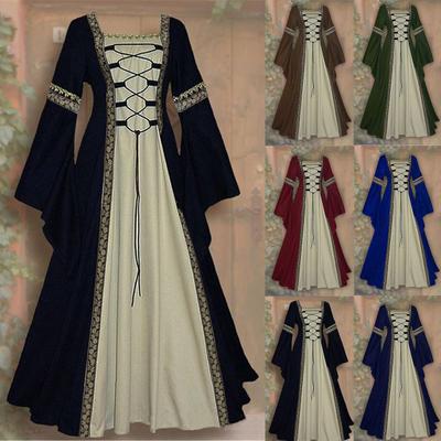 Women Vintage Retro Gothic Long Sleeve Splicing Dress Long Gown Dresses