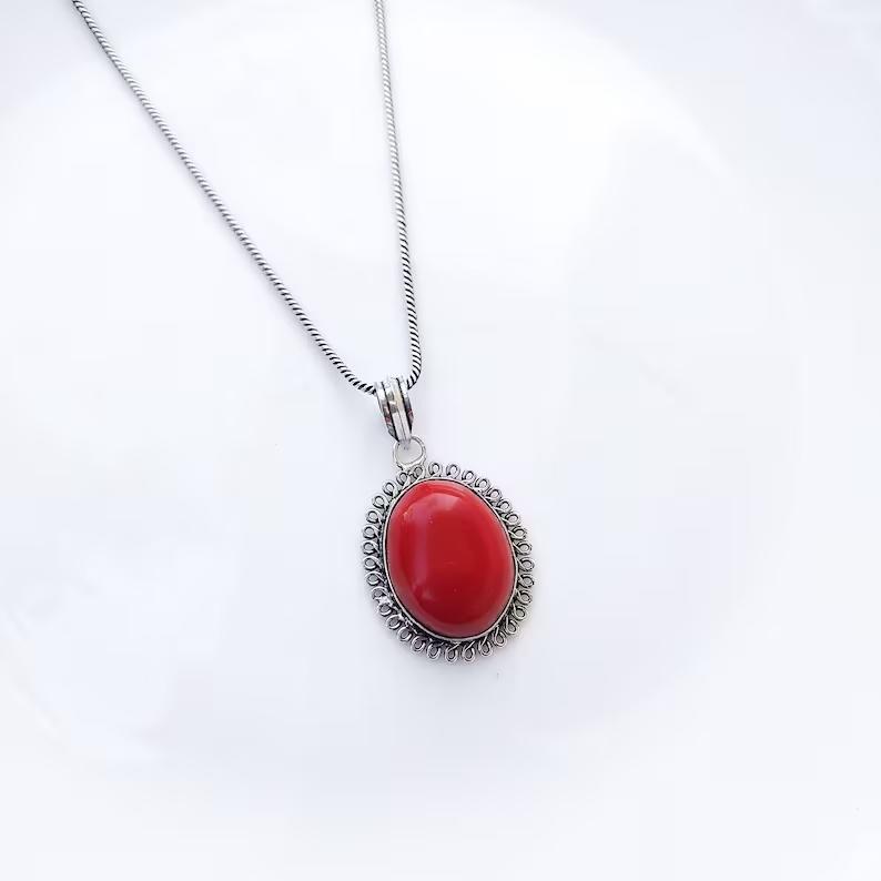 Φυσικό Κόκκινο Κοράλλι Κρεμαστό Πετράδι Ασημένιο 925 Κρεμαστό με Αλυσίδα Κολιέ