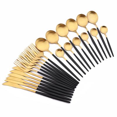Set de vesela 24 bucati, negru mat, aur, furculita, lingura, cutit, tacâmuri din otel inoxidabil, set de tacamuri complete, bucatarie
