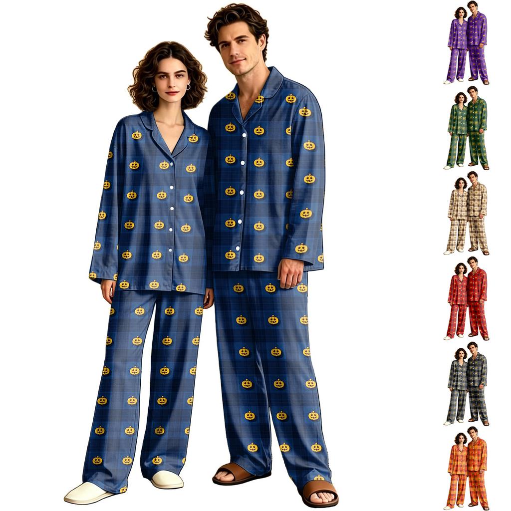 Adult Halloween Print Long Sleeve Pajama Set with Pants, Casual Loose Fit Loungewear