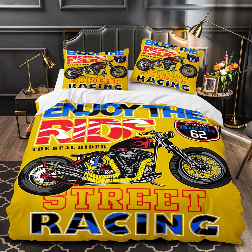 3D Printed Retro Motorcycle Bedding Set for Boys and Men, Down Duvet Cover and Pillowcase 2/3pc, Single Double Bed, All Sizes Duvet Cover Set