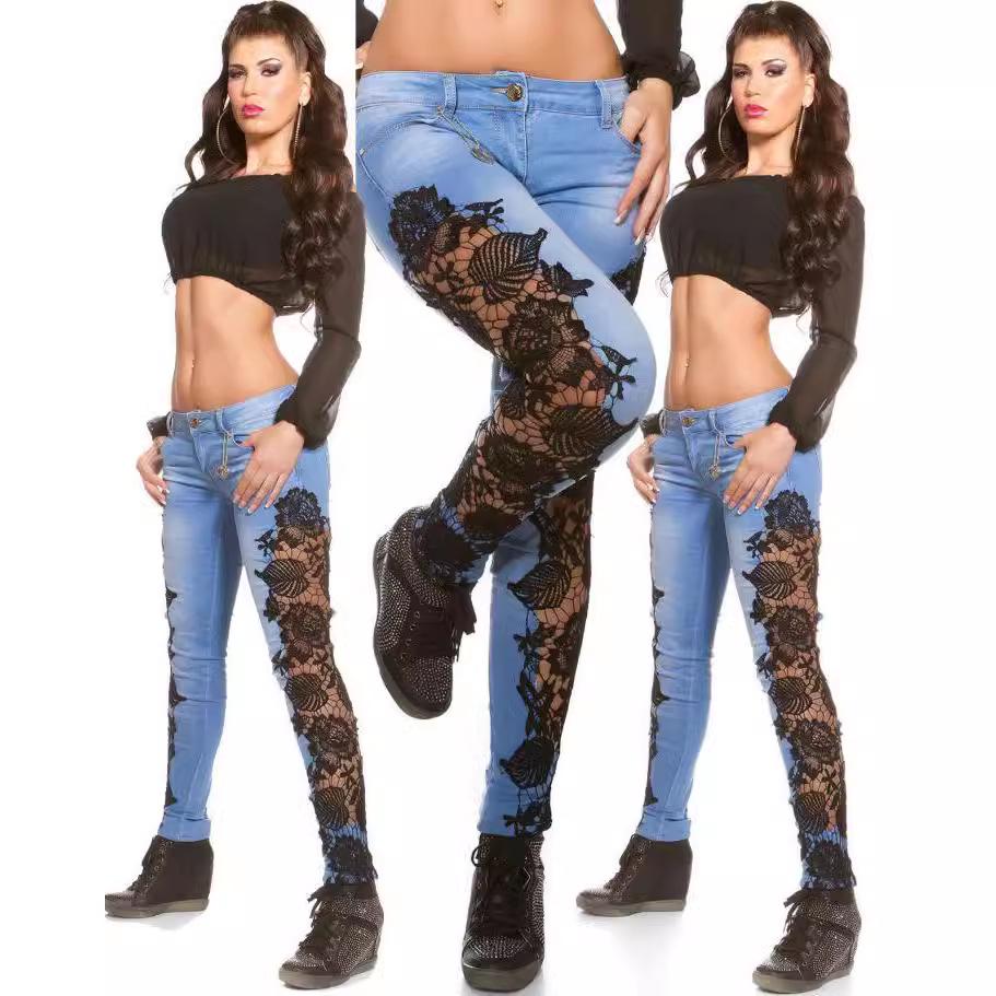 2024 Women's Sexy Hollow Lace Skinny Jeans with Side Lace Detailing for Casual or Fashion Events