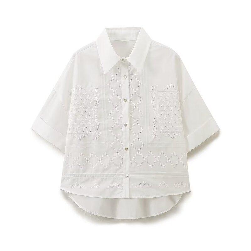 Fashion Style 2024 New Fall Women's Clothing Slim Looking Easiest for Match Embroider Poplin Shirt Mid Waist Shorts 0081069