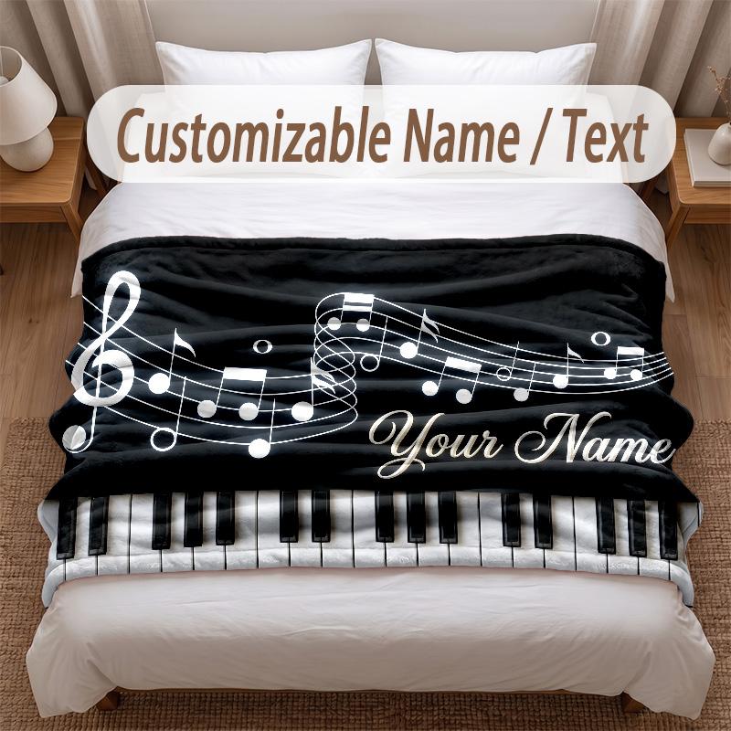 Music Piano Theme Soft Blanket Personalized Custom Name Text Print Warm Blanket Home Sofa Bedroom Decor