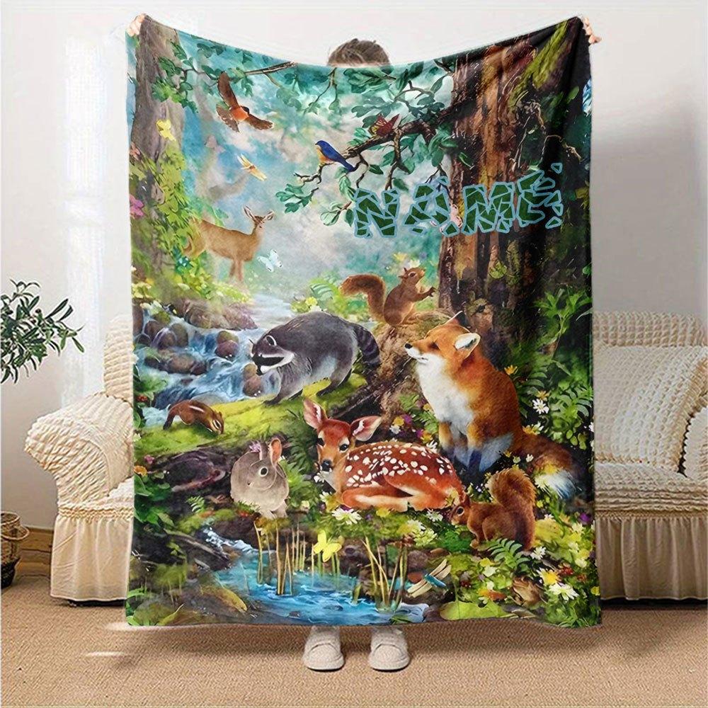 Forest Wildlife Scene Home Customize Your Name Blankets Soft Cozy Lightweight Versatile For All Seasons Perfect For Picnics Sofa Office Bed Living