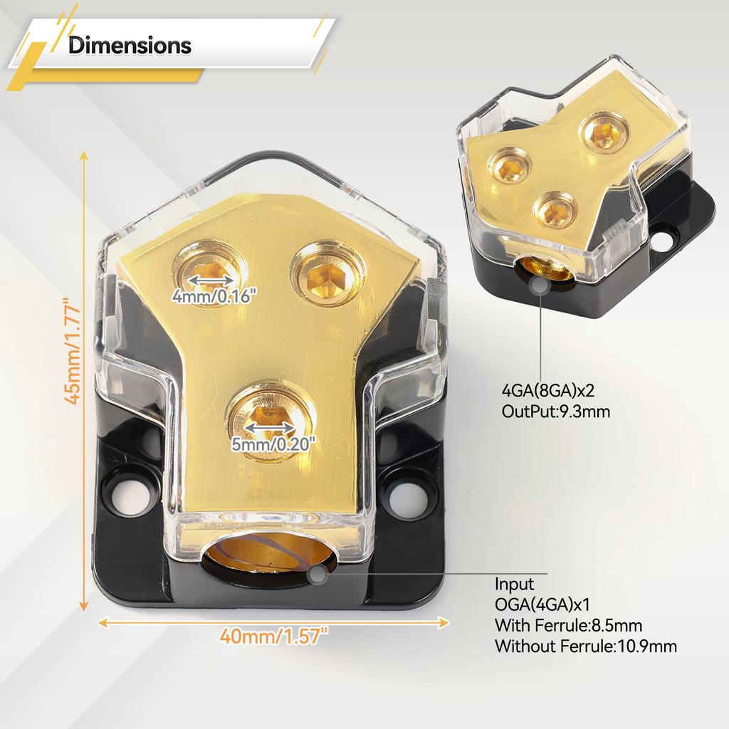 2Pcs 2 Way Car Power Distribution Amp Block Car Audio Power Wire Splitter 0/2/4 Gauge In 4/6/8 Gauge Out Durable Amplifier Power
