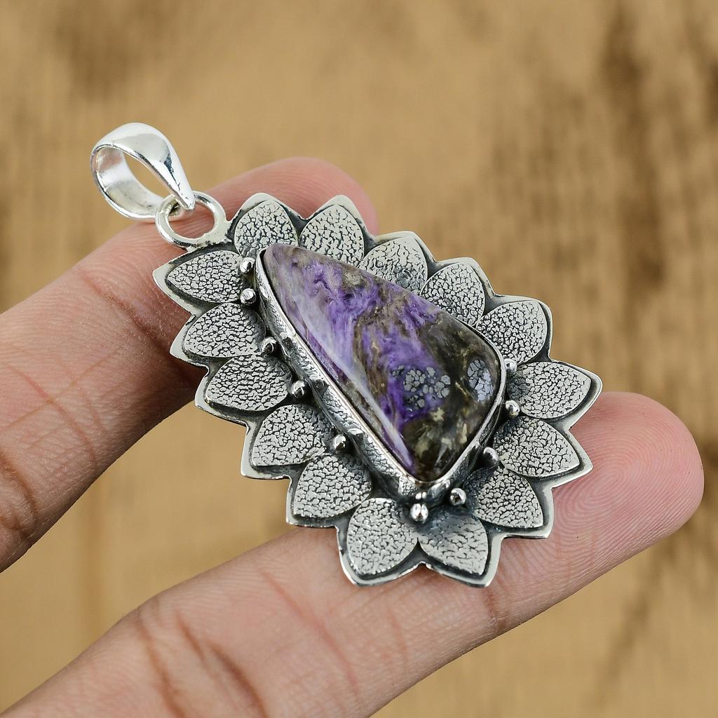 Mothers day Deal Russian Charoite Gemstone Boho Pendant Jewelry Sterling Silver