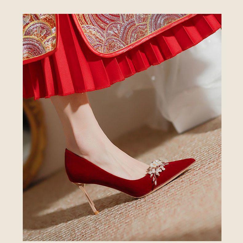 French stiletto wedding shoes 2025 new female wedding bride shoes show clothes wedding dress two wear red high heels
