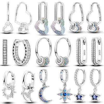 925 Silver Hoop Earrings For Woman Pendientes Zircon Heart Shape Star Eardrop Original Earring Fashion Jewelry