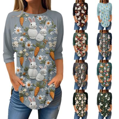 Women's Fashion Casual Going Out Tops Printed Raglan Sleeve 3/4 Sleeve Pullover Round Neck Tops