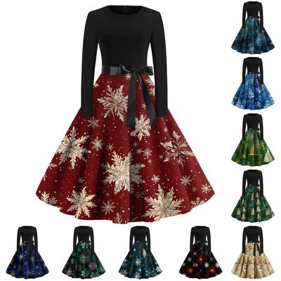 Women's Fashion Round Casual Slim Fit Christmas Print Large Swing Long Sleeve Dress