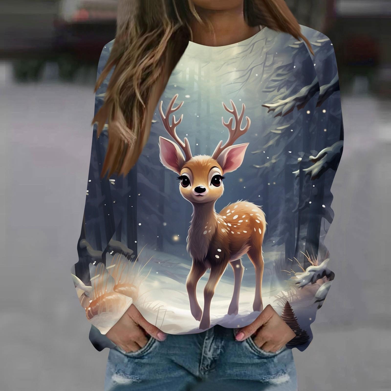 

Жіночий повсякденний модний різдвяний принт, пуловер з довгим рукавом і круглим вирізом, верхня блуза-світшот XXL