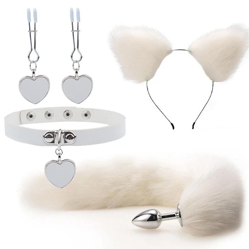 Anal Sex Toys Fox Tail Butt Plug Sexy Plush Cat Ear Headband With Bells Necklace Set Massage Sex Toys For Women Couples Cosplay