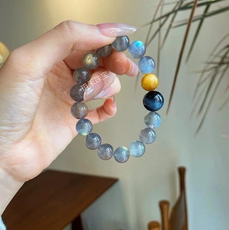 High-End Blue Gold Tiger Eye & Natural Gray Moonstone Women s Multi-Gemstone Crystal Bracelet