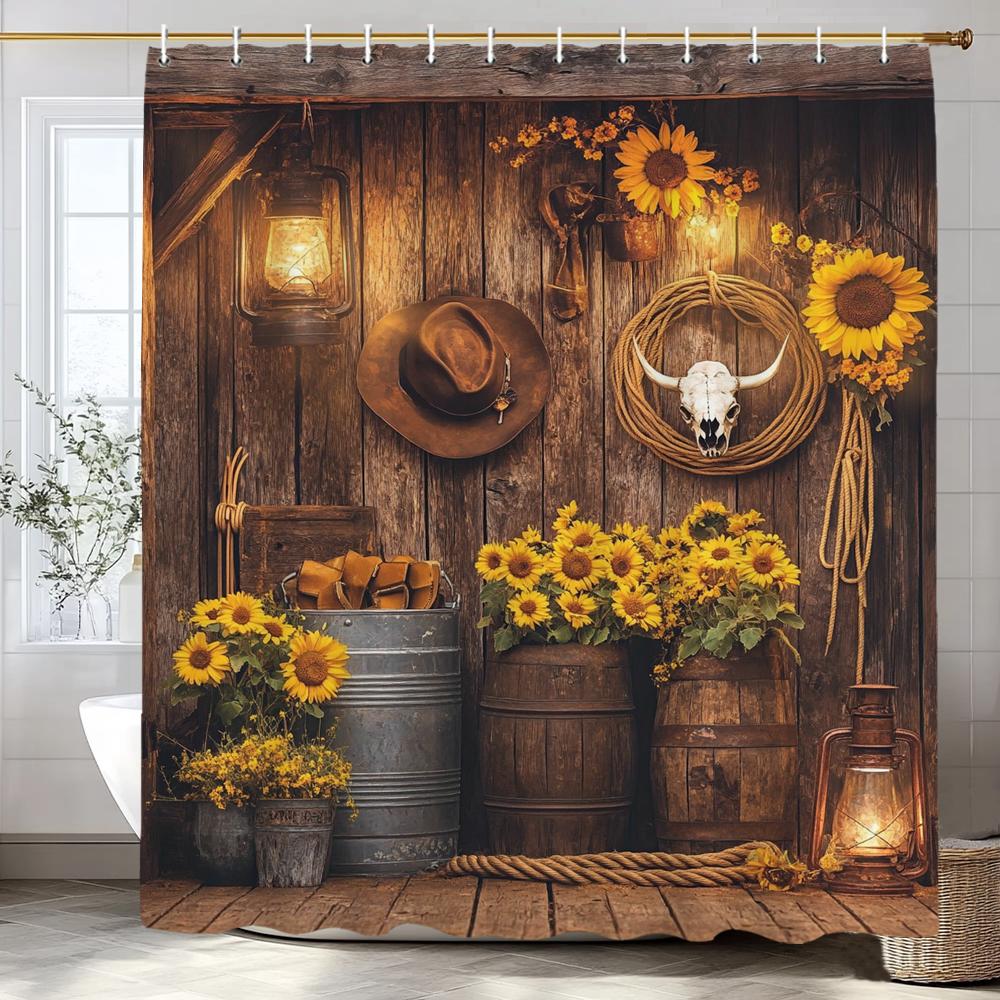 Flower Scenery Of Rural Farmhouse Shower Curtain, Bathroom Decorative Shower Curtain, Home Decorative Curtain With Hooks