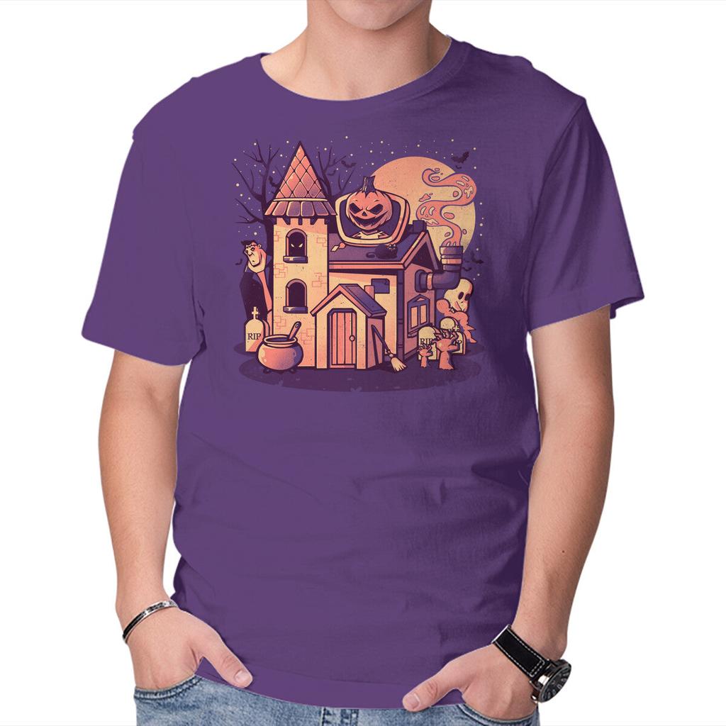 Unisex Crew Neck T-Shirt Spooky House Graphic Short Sleeve Casual Tee
