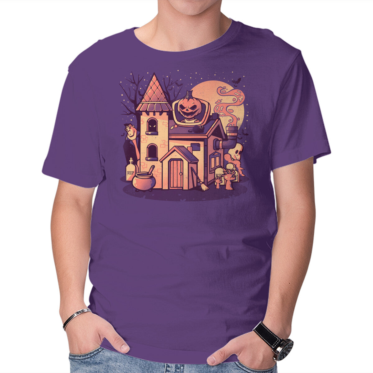 Unisex Crew Neck T-Shirt Spooky House Graphic Short Sleeve Casual Tee XXL