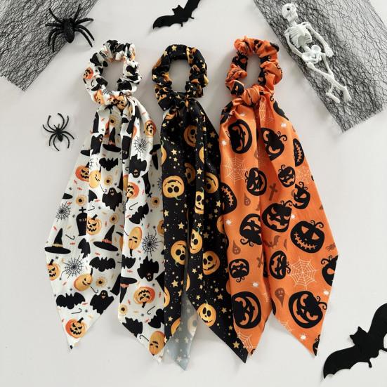 Halloween Ribbon Scrunchie Satin Scrunchies for Women, Funny Pumpkin Printed Elastic Hair Ties, Comfortable Band Soft Ponytail Holders, Decorative