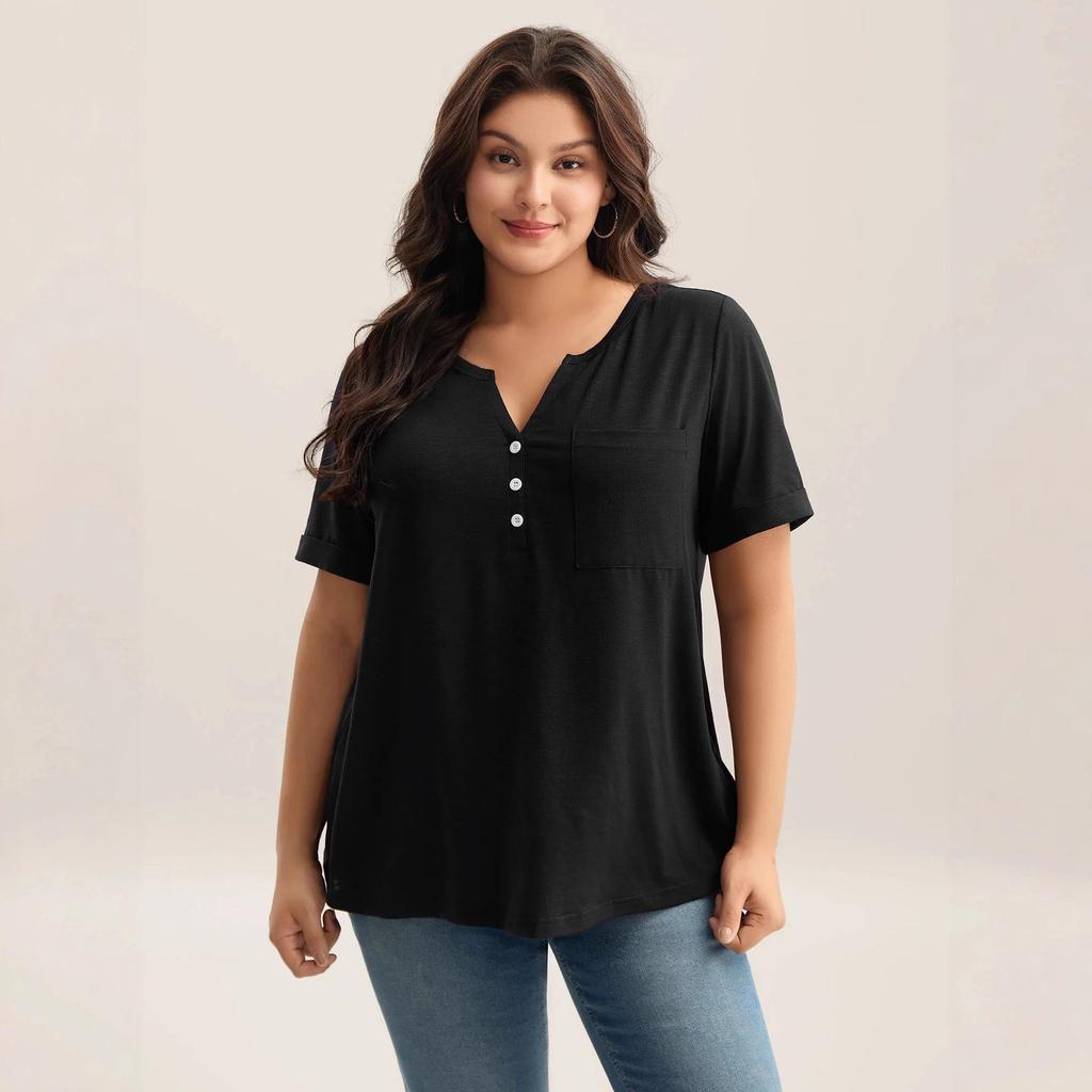 Großformat Damen V-Ausschnitt Knopf Kurzarm Einfarbig Lässig T-Shirt