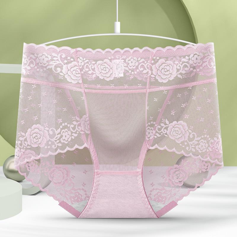 French Lace Women s Butt-Lifting Mid-High Waisted Seamless Briefs with Antibacterial Cotton Crotch Large розовый