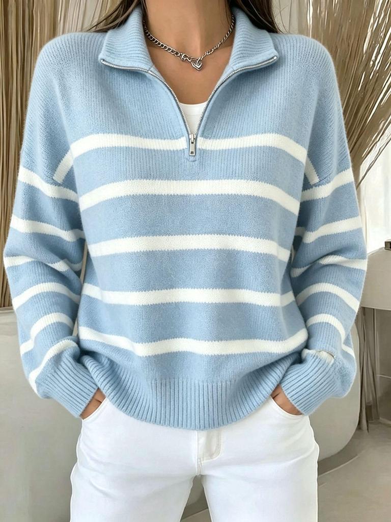 European & American Retro Striped High Neck Knit Pullover Sweater for Women - Autumn/Winter Style