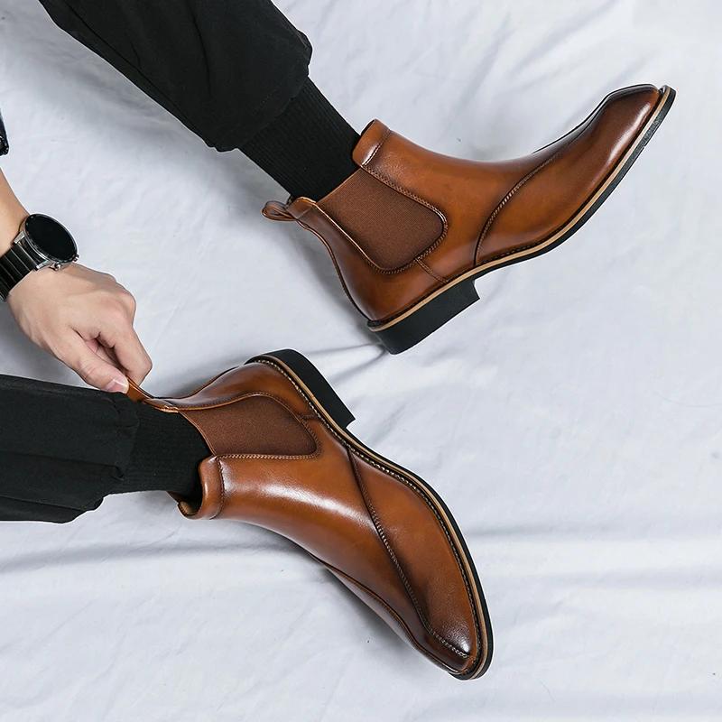 Fashion New Brown Chelsea Boots for Men Ankle Business Square Toe Slip-On Mens Boots  Size 38-45