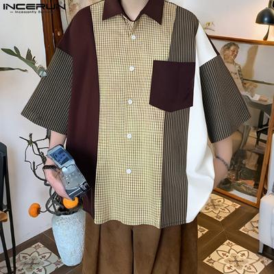 Oversized Men Lapel Neck Short Sleeve Buttons Patchwork Casual Loose Shirts