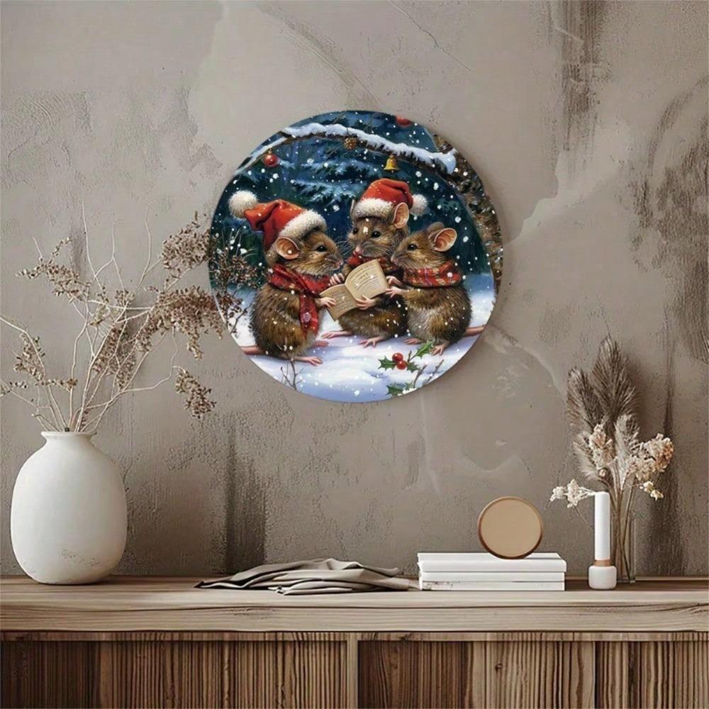 Vintage Christmas Mouse Tin Sign 8 Inch Round Waterproof Metal Plaque Pre Drilled Hole for Wall Hanging Indoor Outdoor Decor
