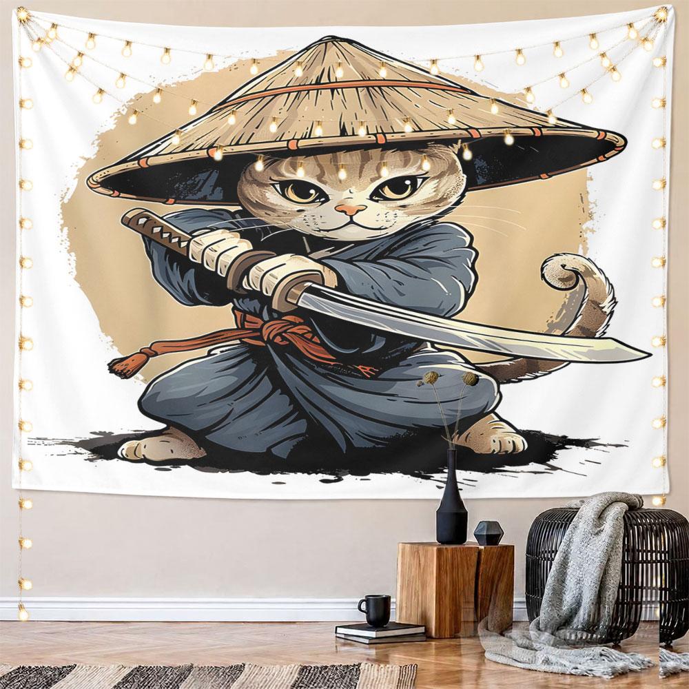 Samurai Cat Warrior Artwork Pattern Wall Hanging Tapestry Decorative Tapestry Home Decor for Bedroom and Living Room