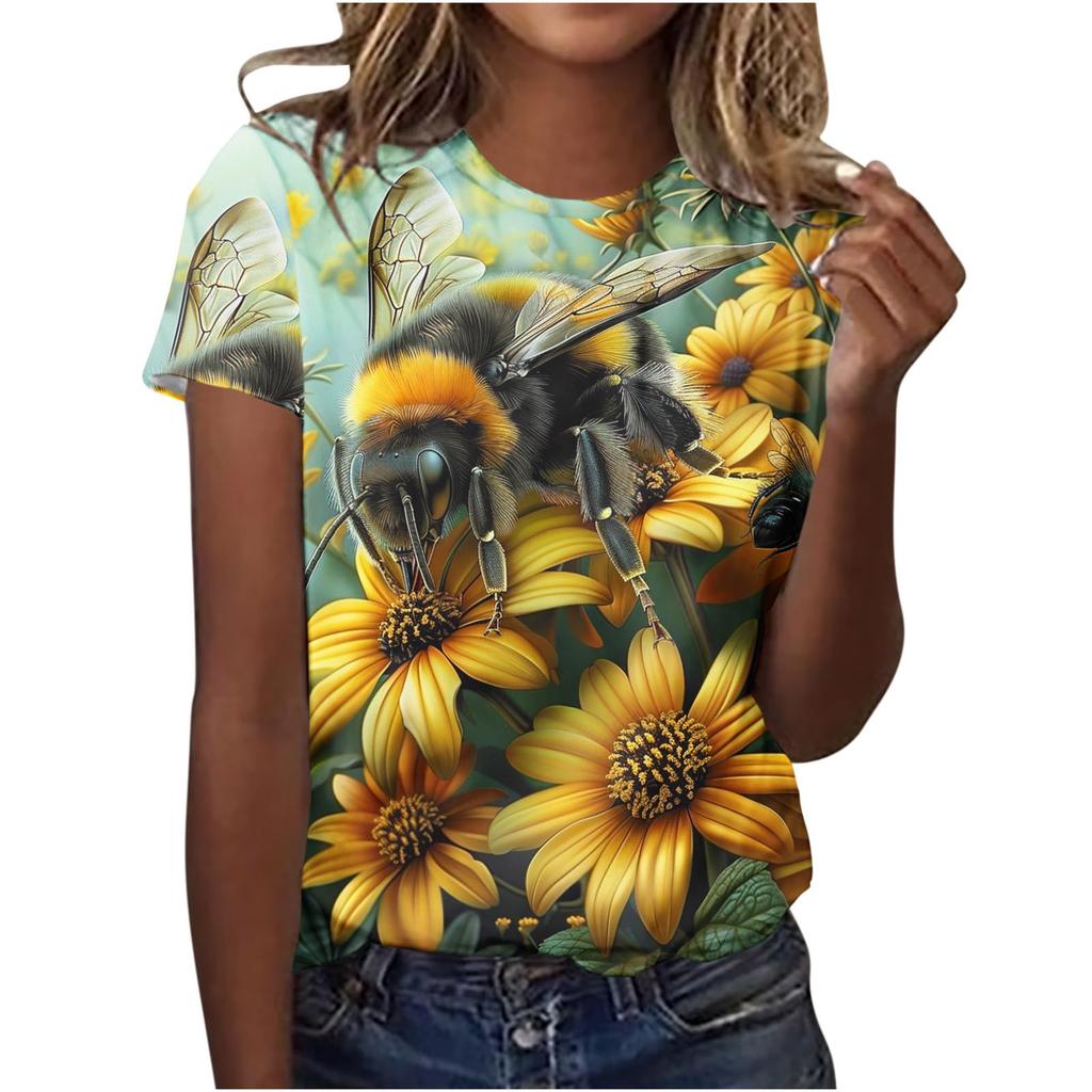 Cute Honey Bee Graphic 3D Print T-Shirts Women's Short Sleeves Elegant T Shirt Streetwear Y2k Harajuku Tees Tops Female Clothing