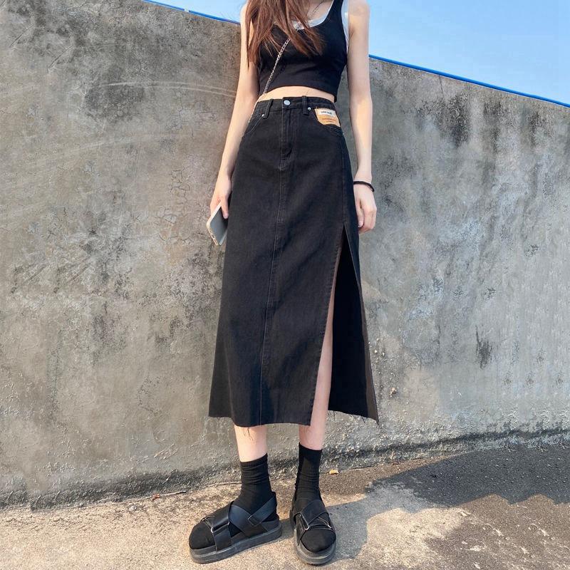 

Элегантная женская юбка-бюстье с высокой талией и боковыми разрезами, летняя, тонкая, с принтом A Word, средней длины, универсальная, удобная, модная, джинсовая юбка XXL чёрный