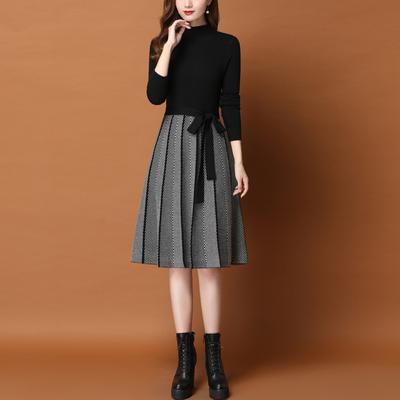 Dámské Elegantní Pletené Šaty ke Kolenům Vestidos Korejské Pruhované Pletené Midi Šaty s Páskem Jaro Podzim Slim Dlouhý Rukáv Elbise