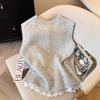 light grey round neck pearl button knit vest with lace trim and drawstring for women