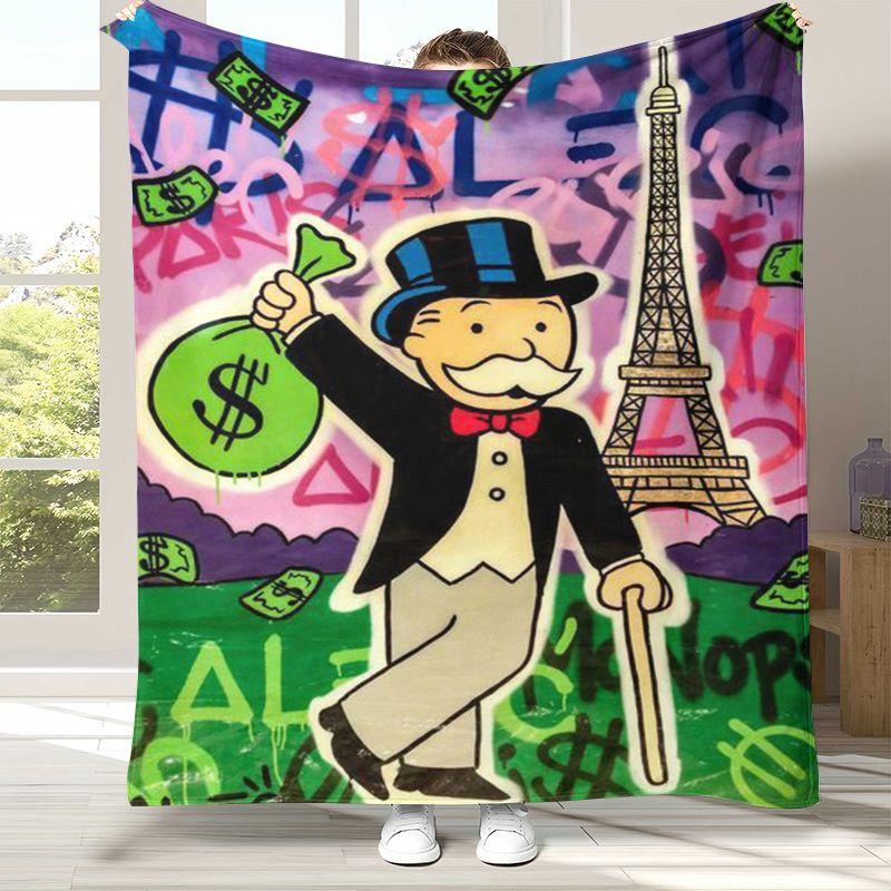 Cartoon Monopoly Dollar Game Flannel Blanket,Ultra Soft Warm Plush Throw for Home Bedroom Bed Sofa Cover Office Camping Picnic