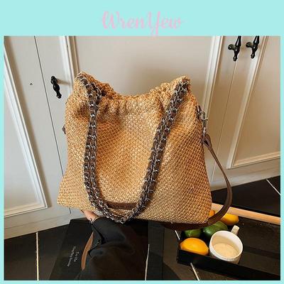Summer Woven Bag For Women With Chain Strap And Magnetic Closure For Casual Daily Use