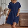 Summer Mini Dress Ruffled Short Sleeves O Neck Pleated A-line Dress Pure Color Loose Hem Dress for Dating Shopping Travel
