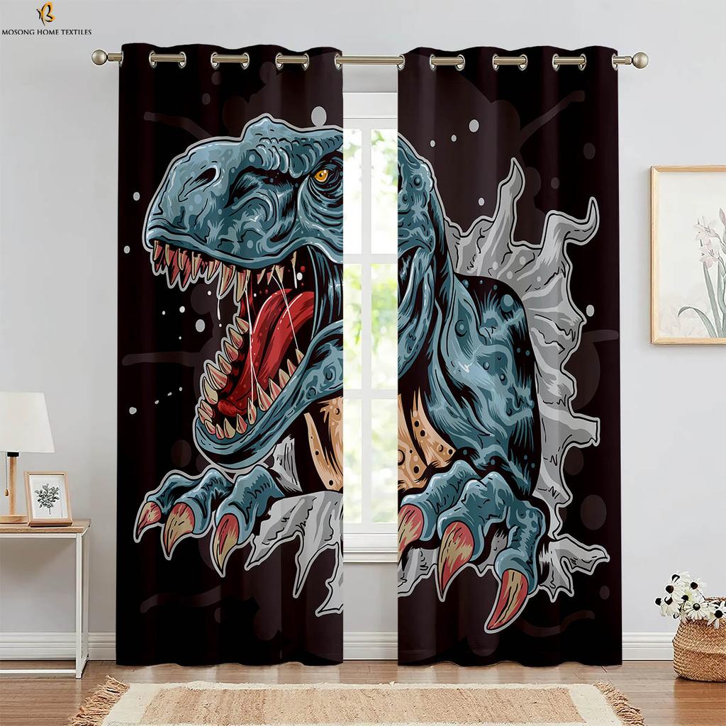 Set Of 2 Black White Dinosaur Cartoon Print Curtains Polyester Bedroom Living Room Kitchen Kids Decorative Curtain For Made