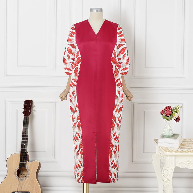 

Oversized Women Puff Sleeve Print Patchwork Nonelastic Casual Loose Maxi Kaftan Dress L