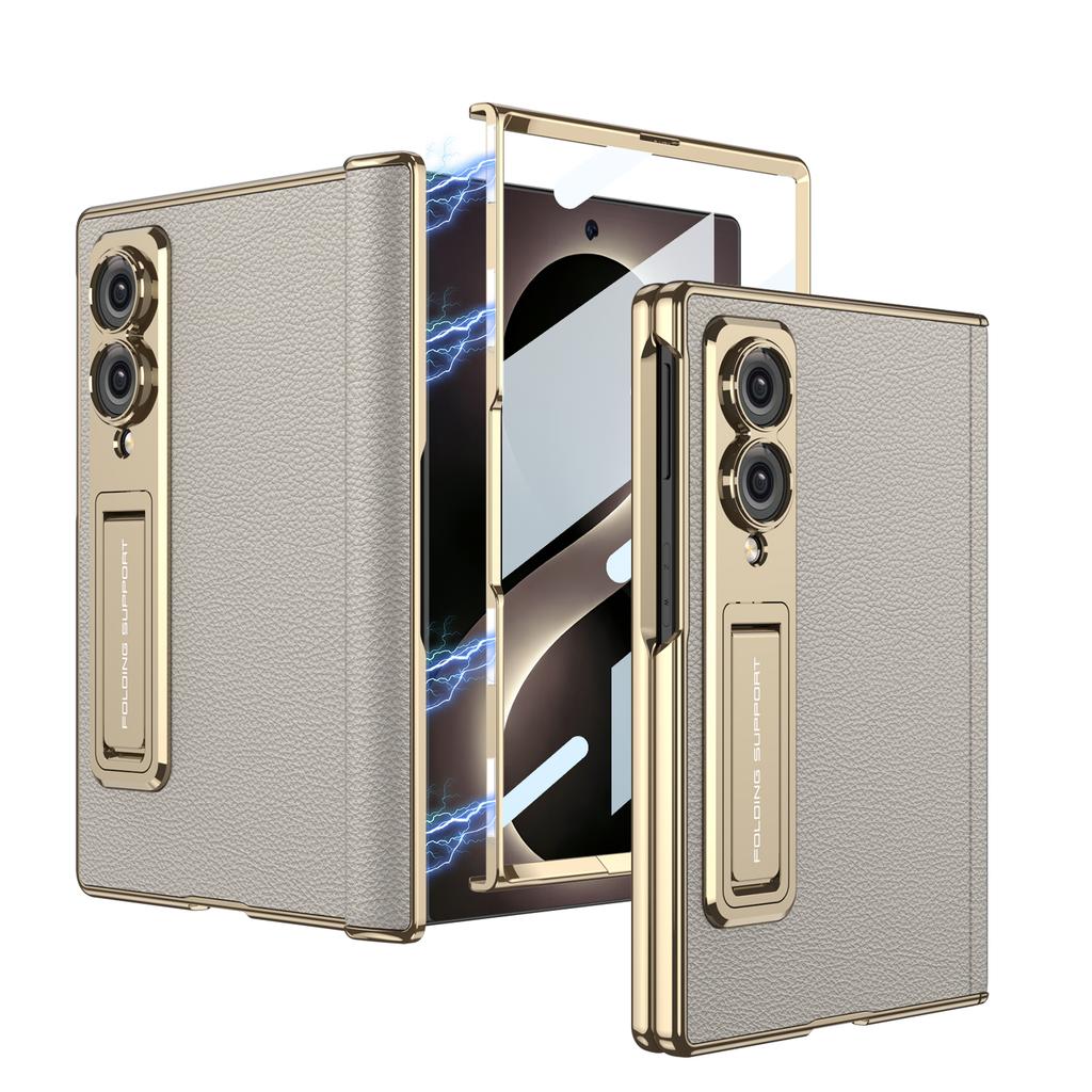 For Samsung Galaxy Z Fold 8 Wide Case Skin-Friendly Matte Leather Bracket with Tempered Film Shockproof Back Cover Accessories