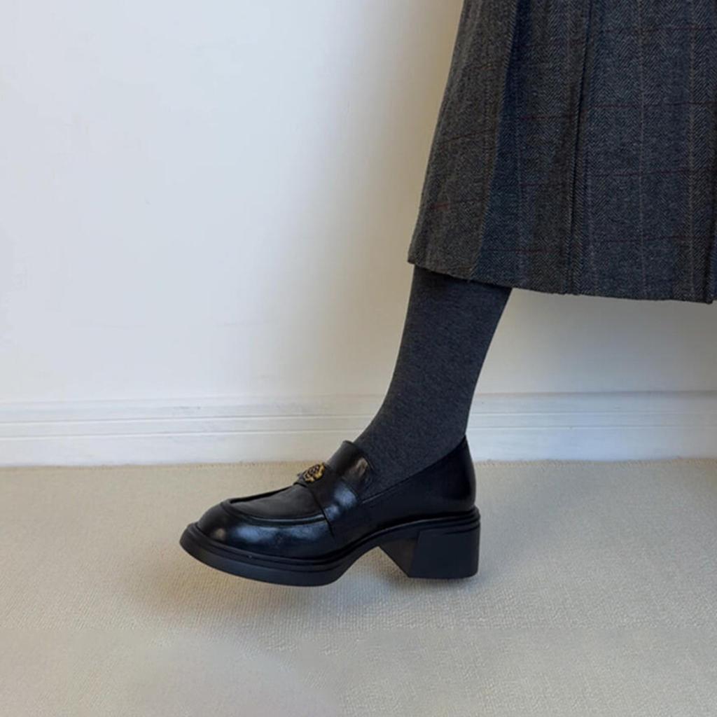 Thick heel commuter platform camellia loafers women's retro British style single shoes one pedal small leather shoes